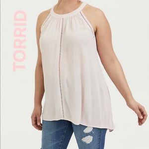 (NWT) TORRID Light Pink Crinkled Gauze Crochet Inset Goddess Tank